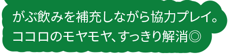 がぶ飲みを補充しながら協力プレイ。ココロのモヤモヤ、すっきり解消◎